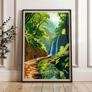Póster de viaje por el bosque Levada 25, impresión artística mural de Portugal, ilustración de senderismo, decoración atlántica para el hogar y la oficina, idea de regalo para Madeira