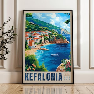 Kefalonia Island Travel Print - Greece Wall Art Poster, Ionian Sea Illustration Artwork, Home & Office decor, Mediterranean Sea Gift idea