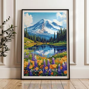 Poster de voyage Mount Rainier - impression d'art mural Washington, oeuvre d'art, décoration de maison et de bureau, idée cadeau, impression de voyage aux États-Unis