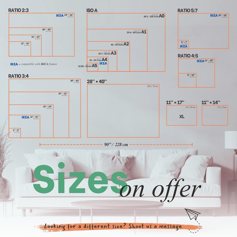 The image is a promotional poster for a furniture store, displaying various sizes of couches and chairs in a collage format.