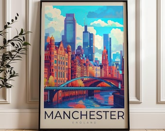 Manchester England Travel Poster: Vibrant Cityscape Illustration