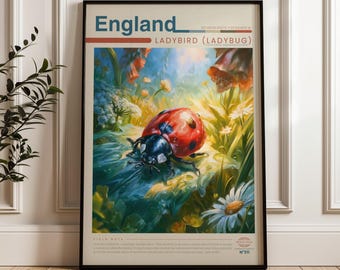 Ladybird Travel Poster, Meadow Wall Art, Illustrated Wildlife Animal Print, England Nature Home Decor