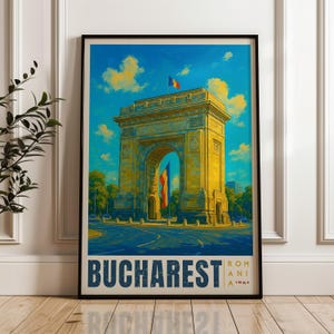Bucharest Romania Travel Poster: Arcul de Triumf Illustration