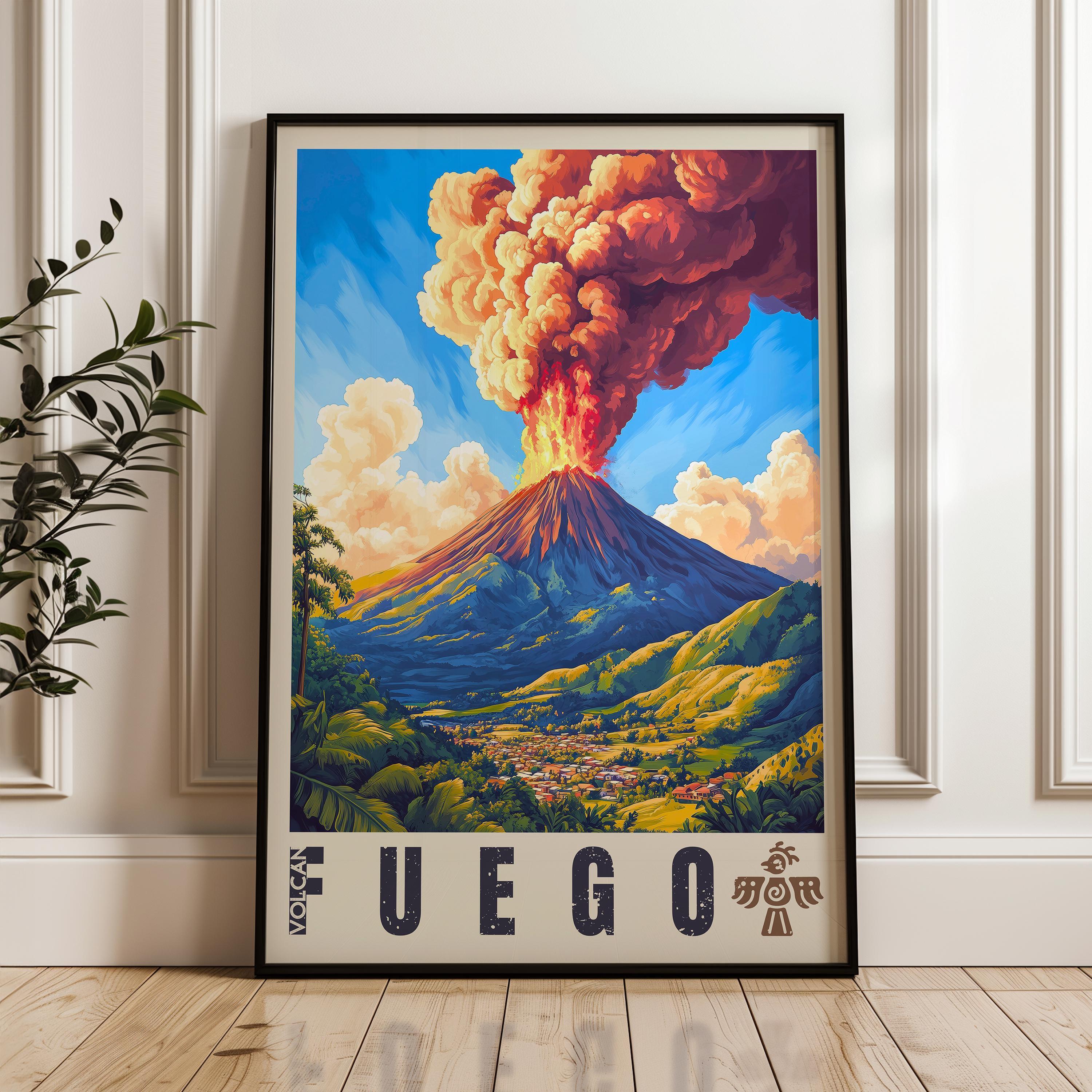 volcanic  英語版 Fuego Volcano Travel Poster: Guatemala Wall Art Print - Etsy Canada