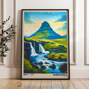 Poster di viaggio Kirkjufell - Stampa artistica da parete Islanda, poster illustrativo, opera d'arte, arredamento per la casa e l'ufficio, idea regalo, stampa di viaggio in montagna