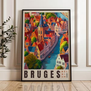 Stampa di viaggio di Bruges - Poster artistico da parete del Belgio, illustrazione dell'Europa, arredamento per la casa e l'ufficio di Bruges, idea regalo per le Fiandre, paesaggio urbano fiammingo