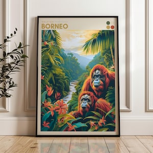 Borneo Travel Poster - Malaysia Wall Art Print, Illustration Poster, Home & Office decor, Gift idea, Orangutan Travel print, jungle print