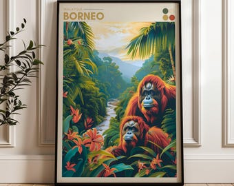 Borneo Travel Poster - Malaysia Wall Art Print, Illustration Poster, Home & Office decor, Gift idea, Orangutan Travel print, jungle print