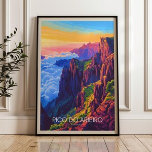 Póster de viaje de Pico do Arieiro, impresión de arte mural de Portugal, ilustración de montaña, decoración para el hogar y la oficina en el océano Atlántico, idea de regalo de Madeira