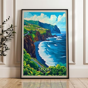 Seixal Travel Poster, Portugal Wall Art Print, Black Sand Beach Illustration Artwork, Atlantic Ocean Home & Office decor, Madeira Gift idea
