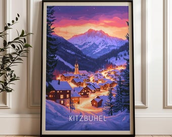 Kitzbuhel Austria Travel Poster: Ski Resort Illustration Art
