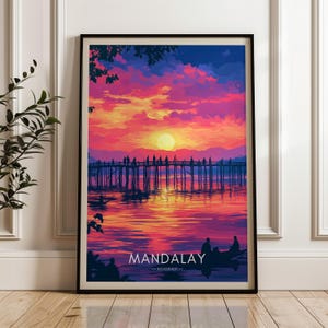 Mandalay Travel Poster - Myanmar Wall Art Print, Irrawaddy River Illustration Artwork, South East Asia Home & Office decor, Burma Gift idea