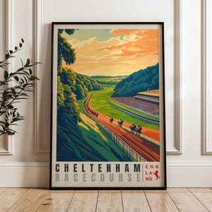 Cheltenham Pferderennbahn England-Wand-Kunst-Druck, Illustration Poster, Haus- und Bürodekor, Geschenkidee, Gloucestershire-Druck