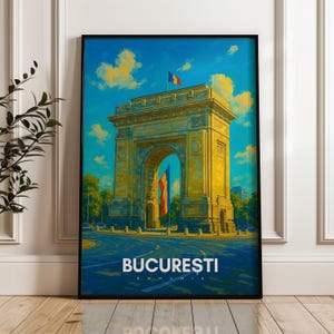 Bucharest Romania Travel Poster: Arcul de Triumf Illustration