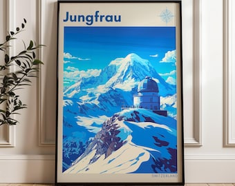 May include: A framed wall art print titled Jungfrau featuring a blue-toned illustration of a snow-covered mountain peak and a domed observatory building. The print includes a compass rose icon in the top right corner and the word Switzerland at the bottom.