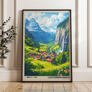 Póster de viaje de Lauterbrunnen: impresión de arte mural de Suiza, póster de ilustración, decoración del hogar y la oficina, idea de regalo, impresión de viaje, impresión de montaña