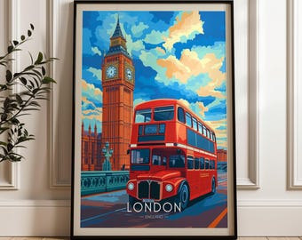 London Travel Poster: Big Ben & Red Bus Illustration