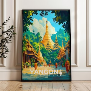 Yangon Travel Poster: Myanmar Buddhist Temple Art Print