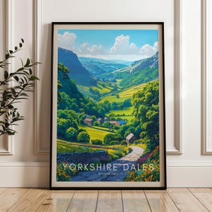 A picturesque countryside scene with lush green valleys, stone cottages, and a winding road lined with wildflowers. Rolling hills and patches of trees create a serene landscape under a bright blue sky with fluffy white clouds.