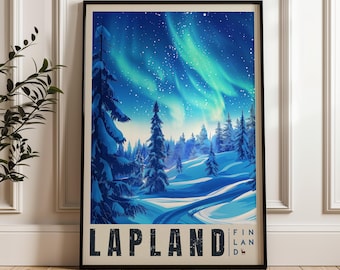 May include: Framed art print featuring a winter landscape with snow-covered trees and a winding path. The sky displays the Northern Lights in shades of green and blue. The word "LAPLAND" is printed at the bottom, with "FINLAND" below it.