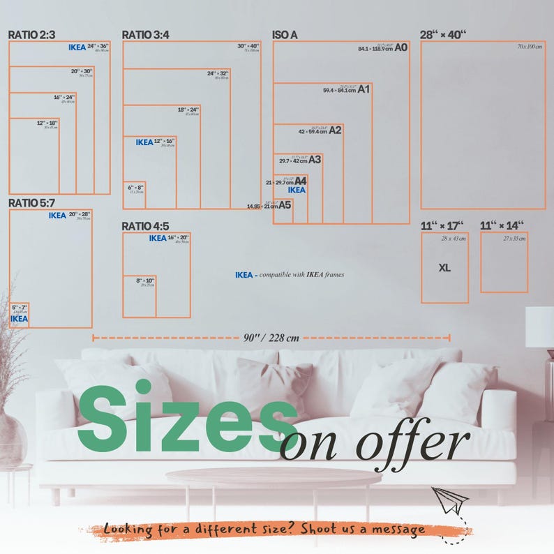 The image is a promotional poster for a furniture store, displaying various sizes of furniture such as couches and tables, along with the text "Sizes on offer" and "Looking for a different size? Shoot us a message".