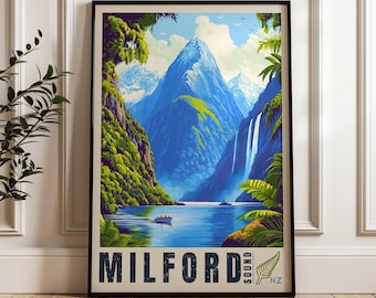 May include: A framed travel poster featuring a vibrant illustration of Milford Sound in New Zealand. The artwork depicts towering blue mountains, lush green cliffs, a waterfall, and a small boat on the water. The text reads MILFORD SOUND NZ.