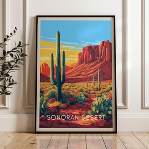 Sonoran Wüste Reiseplakat - USA, Mexiko Wand Kunst Druck, Illustration Kunstwerk, Haus & Büro Dekor, Geschenkidee, Kaktus, Kalifornien, Arizona