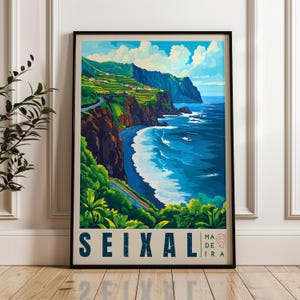 Seixal Travel Poster, Portugal Wall Art Print, Black Sand Beach Illustration Artwork, Atlantic Ocean Home & Office decor, Madeira Gift idea