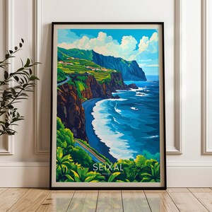 Póster de viaje de Seixal, impresión artística mural de Portugal, ilustración de playa de arena negra, decoración para el hogar y la oficina en el océano Atlántico, idea de regalo de Madeira