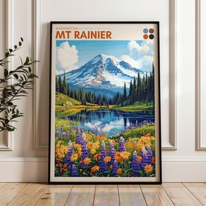 Poster de voyage Mount Rainier - impression d'art mural Washington, oeuvre d'art, décoration de maison et de bureau, idée cadeau, impression de voyage aux États-Unis