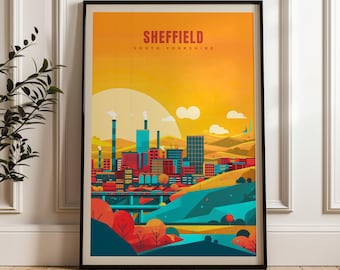 May include: A framed art print featuring a stylized cityscape of Sheffield, South Yorkshire. The artwork uses a vibrant color palette of orange, red, blue, and green. The print includes the city's name and region at the top.
