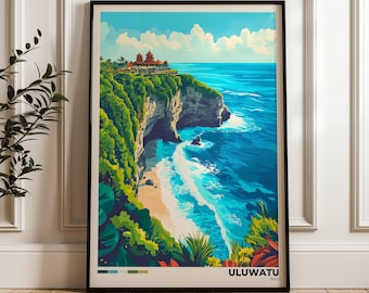 Puede incluir: Un póster de viaje enmarcado con una ilustración vibrante de los acantilados de Uluwatu en Bali. La obra muestra un templo sobre un acantilado escarpado frente al océano azul, con vegetación verde, una playa de arena y el texto ULUWATU BALI.