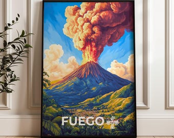 Fuego Volcano Guatemala Travel Poster: Home & Office Decor