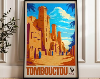 Timbuktu Travel Poster: Mali Adobe Architecture, Blue Sky