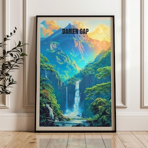 May include: A framed art print featuring a vibrant landscape of the Darien Gap in Colombia. The artwork showcases a waterfall cascading down a lush, green mountainside under a colorful sky with a rainbow. The text "DARIEN GAP COLOMBIA" is at the top.