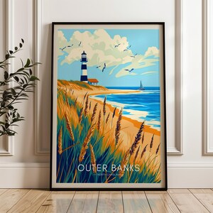 Póster de viaje de Outer Banks - Impresión artística de Carolina del Norte, ilustración del Atlántico, decoración para el hogar y la oficina, idea de regalo para Estados Unidos
