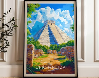Chichen Itza Travel Poster: Mayan Pyramid Art Print
