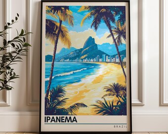 May include: Framed art print of Ipanema beach in Brazil. The artwork features a vibrant beach scene with palm trees, a sandy shore, and a mountain backdrop. The text "IPANEMA" and "BRAZIL" are printed at the bottom of the artwork.