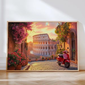 Rome Italy Travel Poster – Romantic Street View of the Colosseum with Vespa Scooter, Flowers and Sunset Glow – Italy Wall Art Gift