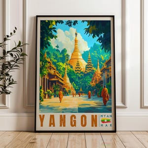 Yangon Travel Poster: Myanmar Buddhist Temple Art Print