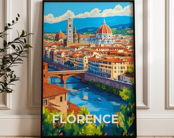 Florence Italy Travel Poster: Duomo & River Arno Art Print