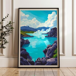 Stampa di viaggio Laguna Blu - Poster da parete Islanda, Illustrazione di Reykjavík, Decorazione per casa e ufficio con sorgenti termali, Idea regalo vulcanica, Spa
