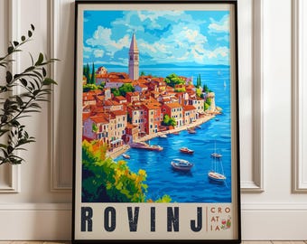Plakat podróżniczy Rovinj Chorwacja: Ilustracja nad morzem