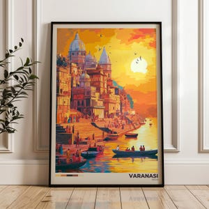 Póster de viaje a Varanasi: impresión de arte mural de la India, póster de ilustración, obra de arte hindú, decoración del hogar y la oficina, idea de regalo, impresión de viaje al Ganges