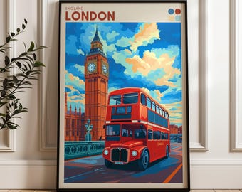 London Travel Poster: Big Ben & Red Bus Illustration