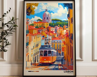 Reseaffisch i Lissabon, Portugal: Konsttryck med livfull stadsbild