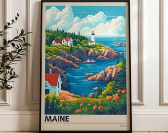 Póster turístico de Acadia, Maine: Lámina con ilustración costera