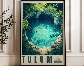 May include: A framed travel poster featuring a vibrant illustration of a cenote in Tulum, Mexico. The artwork depicts a deep blue pool surrounded by rocky cliffs and lush green foliage, with a person swimming. The text TULUM is printed below.