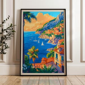 Monte Carlo Reise-Druck - Monaco Wand-Kunst-Plakat, europäische Illustration, Riviera Haus- und Bürodekor, ligurisches Meer Geschenkidee