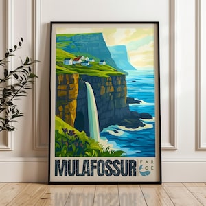 Impresión de viaje a la cascada de Mulafossur: póster de arte mural de Europa, ilustración de las Islas Feroe, decoración para el hogar y la oficina en el Atlántico, idea de regalo de Dinamarca